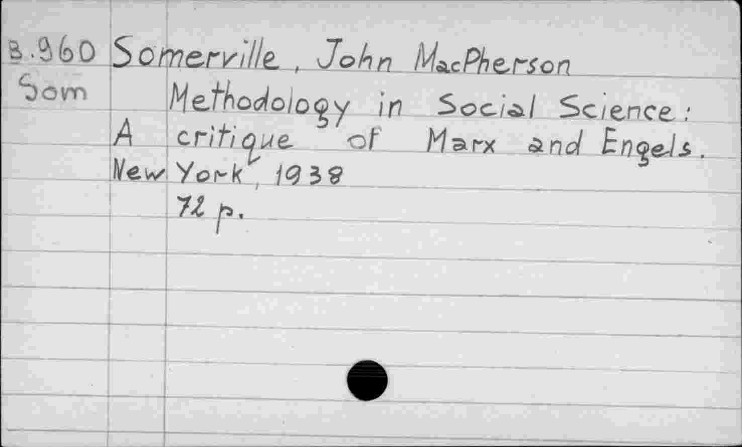 ﻿Somerville. , John MacPherson_____________
5om I	l/^etAo(^o/o<gy in Social Science
A critique. ot Мэгх &ncl En^eJ Уо^к^ /^19